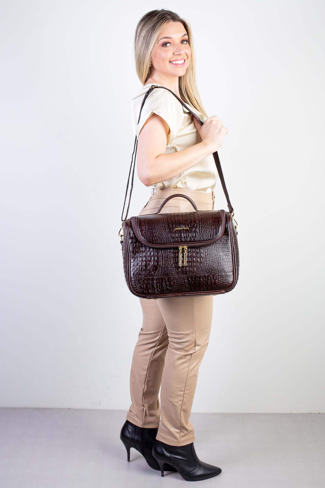 Frasqueira feminina de couro croco para viagem Roma - Enluaze