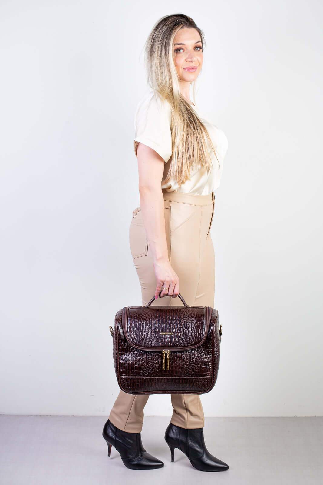 Frasqueira feminina de couro croco para viagem Roma - Enluaze