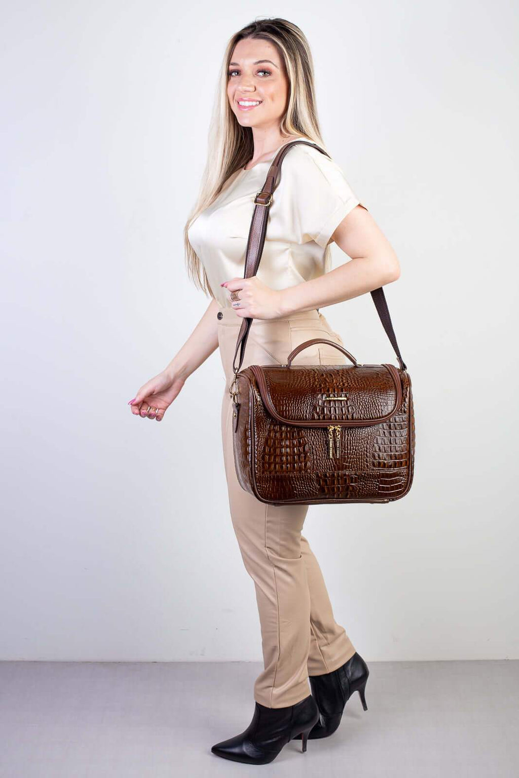Frasqueira feminina de couro croco para viagem Roma - Enluaze