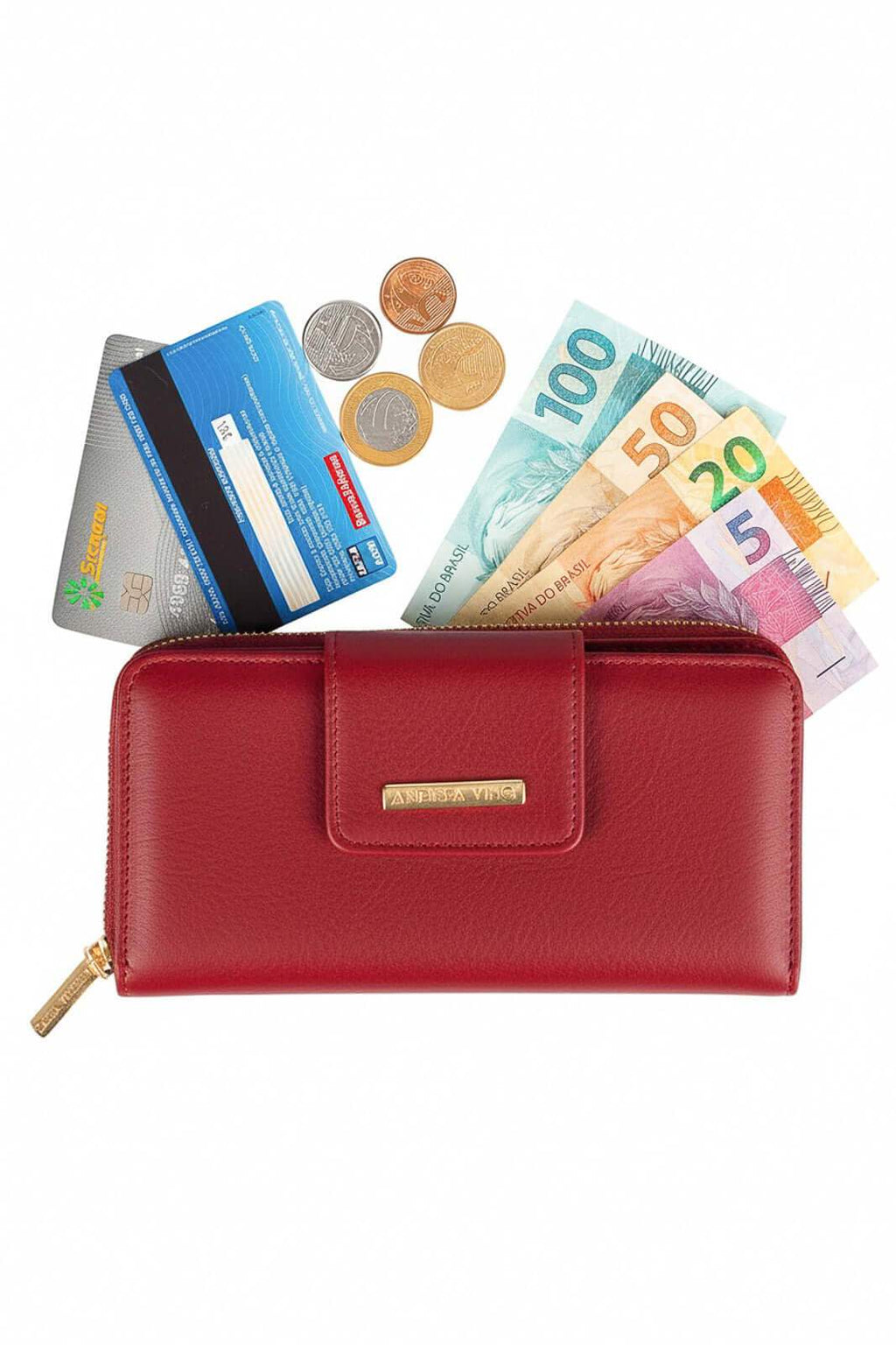 Carteira feminina de couro liso Cindy 9,5x19cm - Enluaze