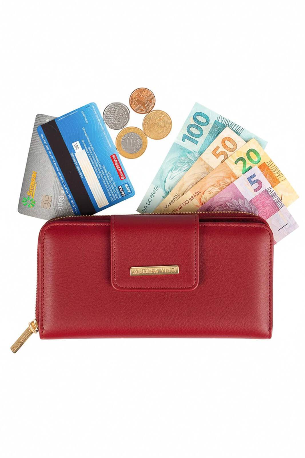 Carteira feminina de couro liso Cindy 9,5x19cm - Enluaze