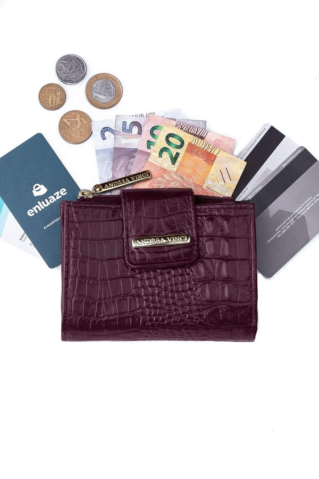 Carteira feminina de couro croco Linna 11x13cm - Enluaze