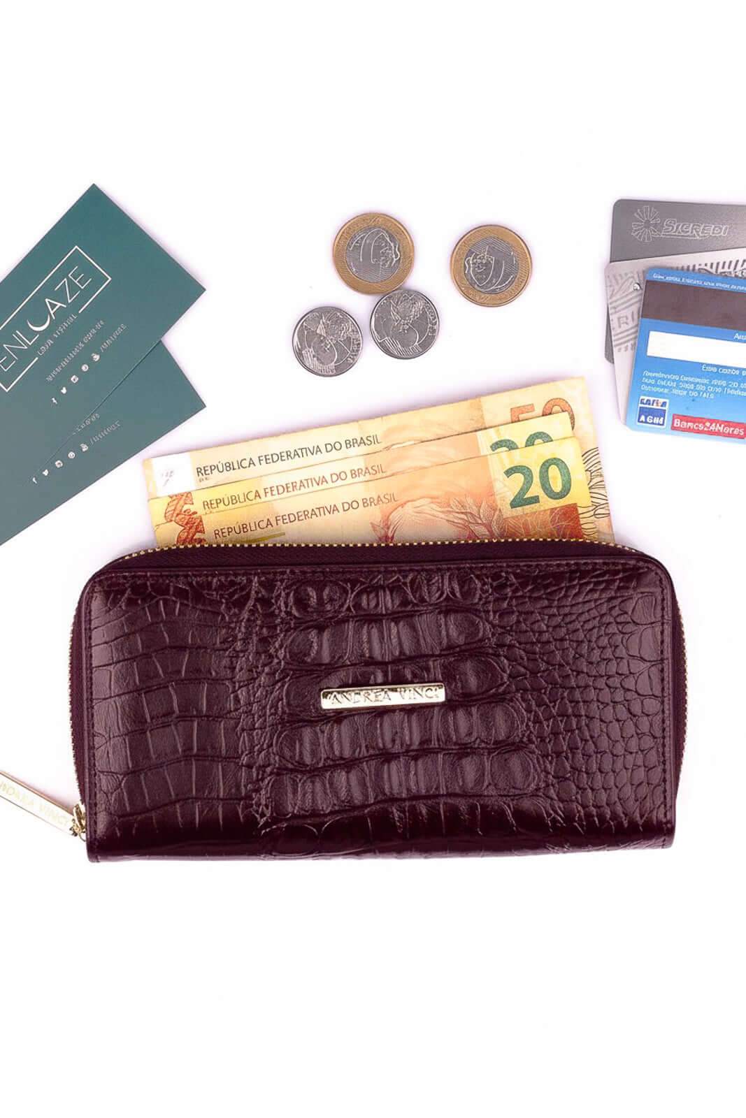 Carteira feminina de couro croco Tinna 10x19cm - Enluaze