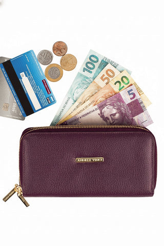 Carteira feminina de couro liso Tinna 10x19cm