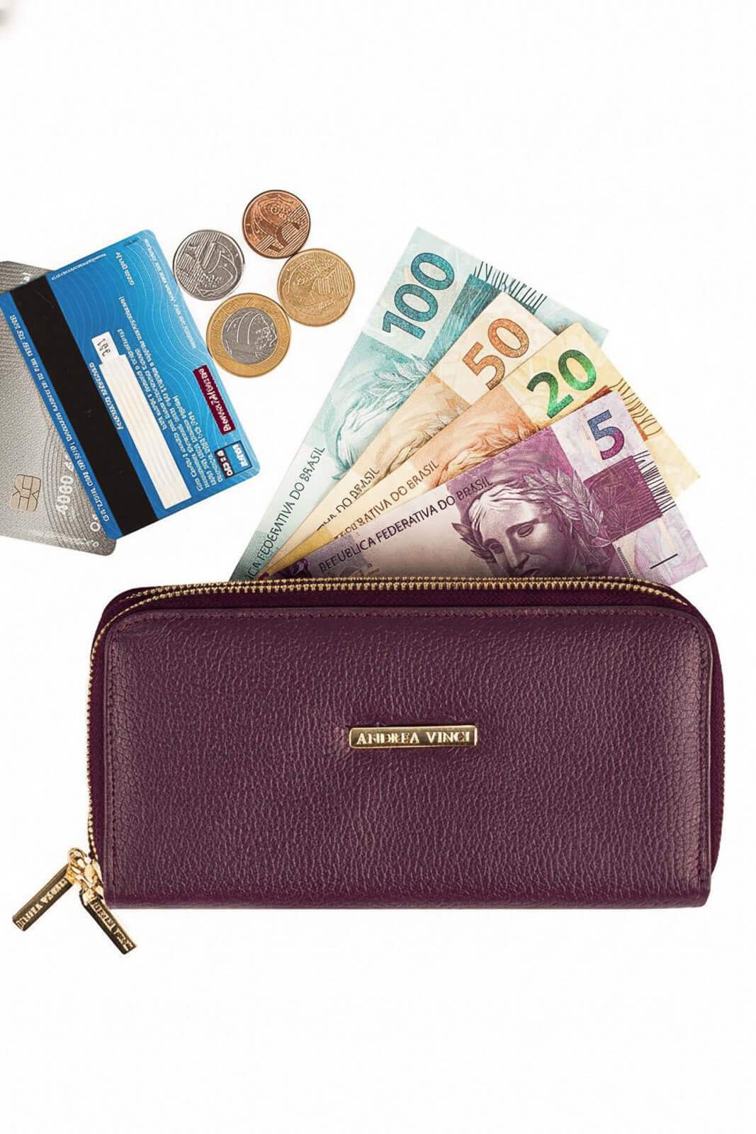 Carteira feminina de couro liso Tinna 10x19cm - Enluaze