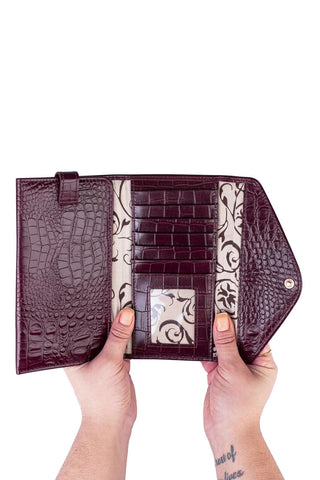 Carteira feminina de couro croco Clara 10,5x19cm