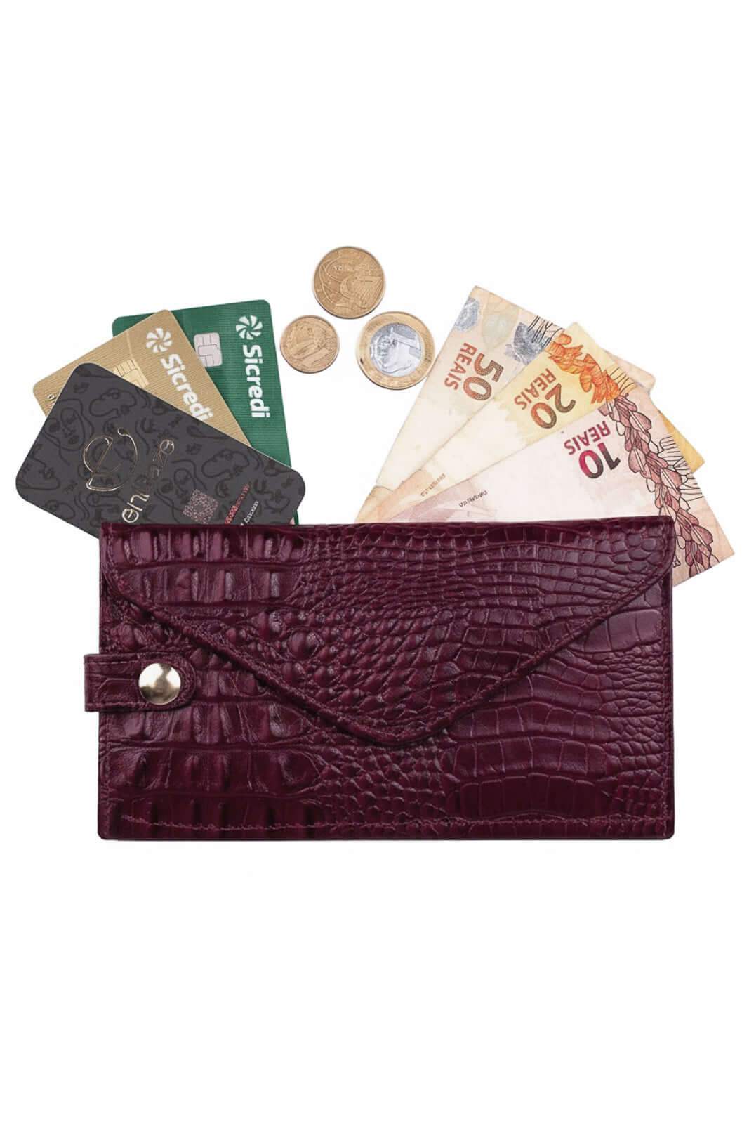 Carteira feminina de couro croco Clara 10,5x19cm - Enluaze