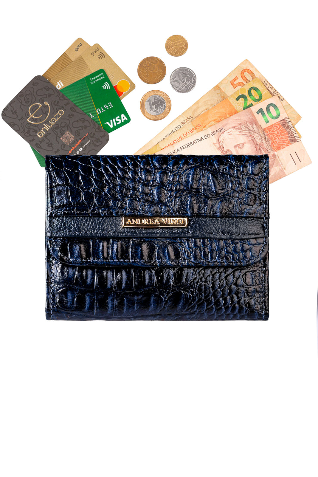 Carteira feminina de couro croco Jade 10,5x13cm