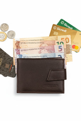 Carteira masculina de couro floater com botão Matt 8,5x11,5cm