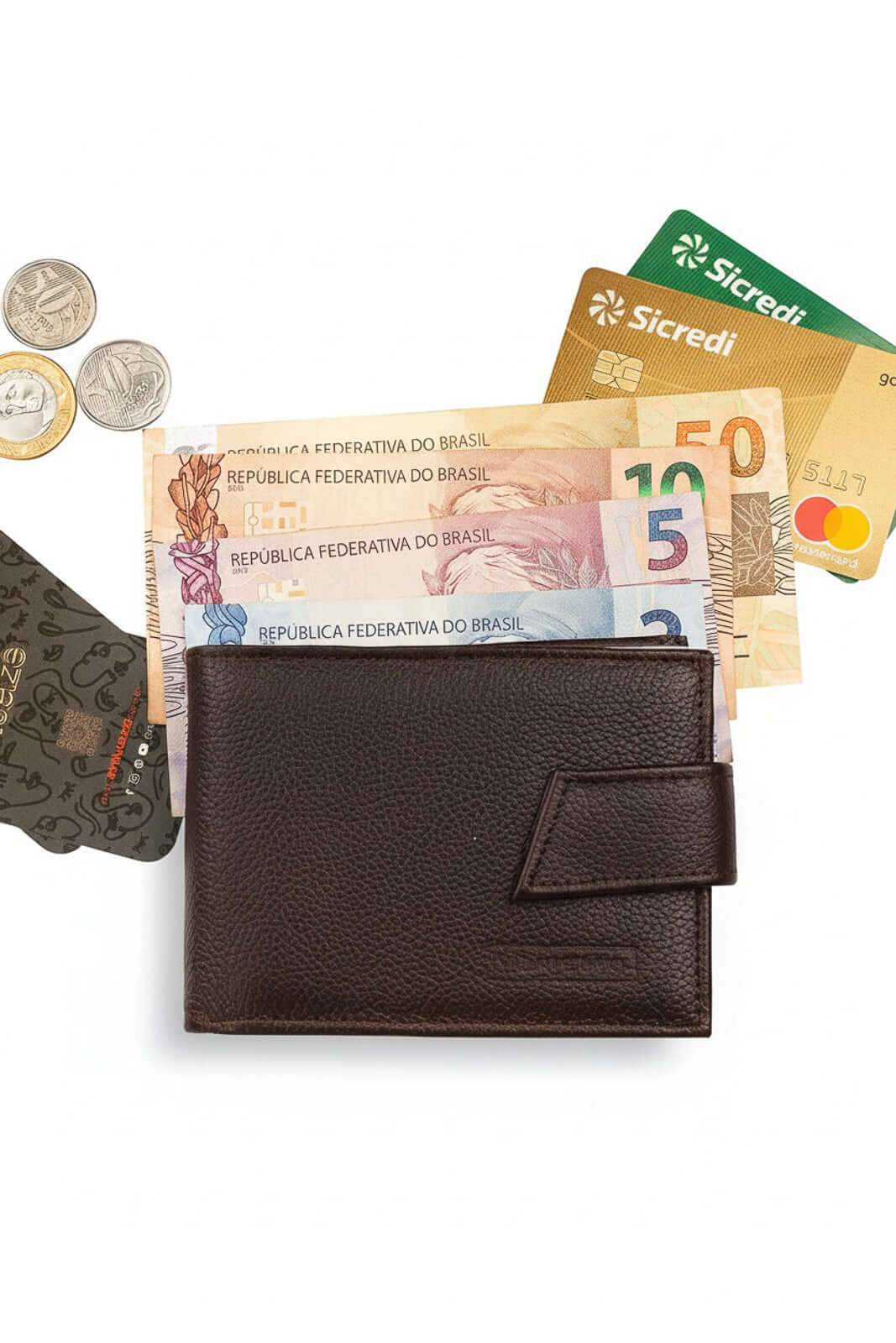 Carteira masculina de couro floater com botão Matt 8,5x11,5cm - Enluaze