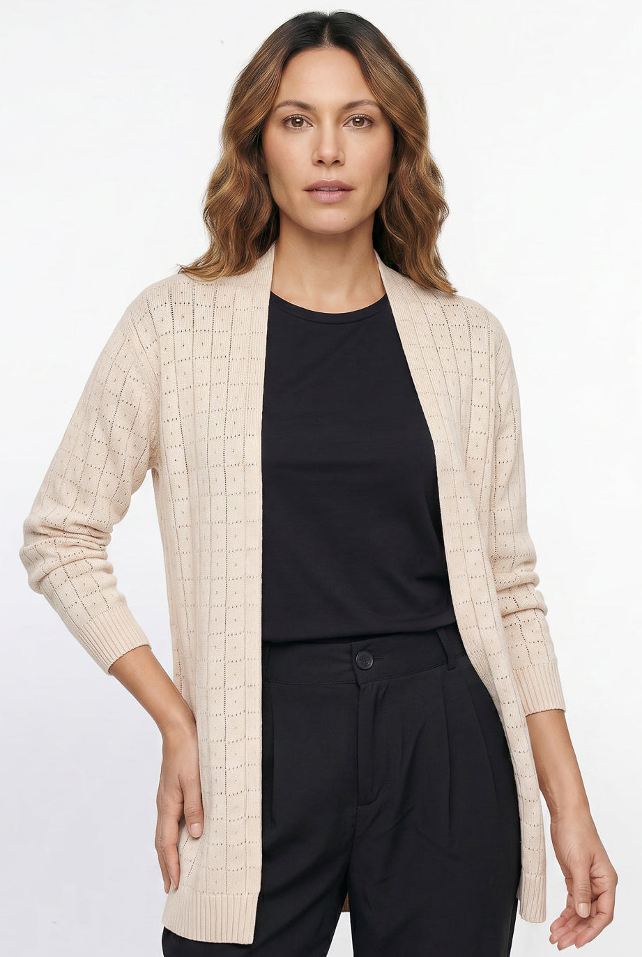 Cardigan alongado de tricô vazado 60011