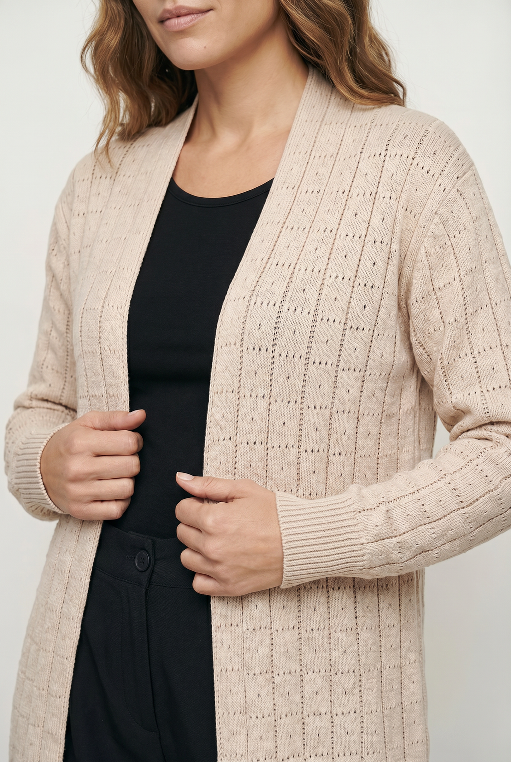 Cardigan alongado de tricô vazado 60011