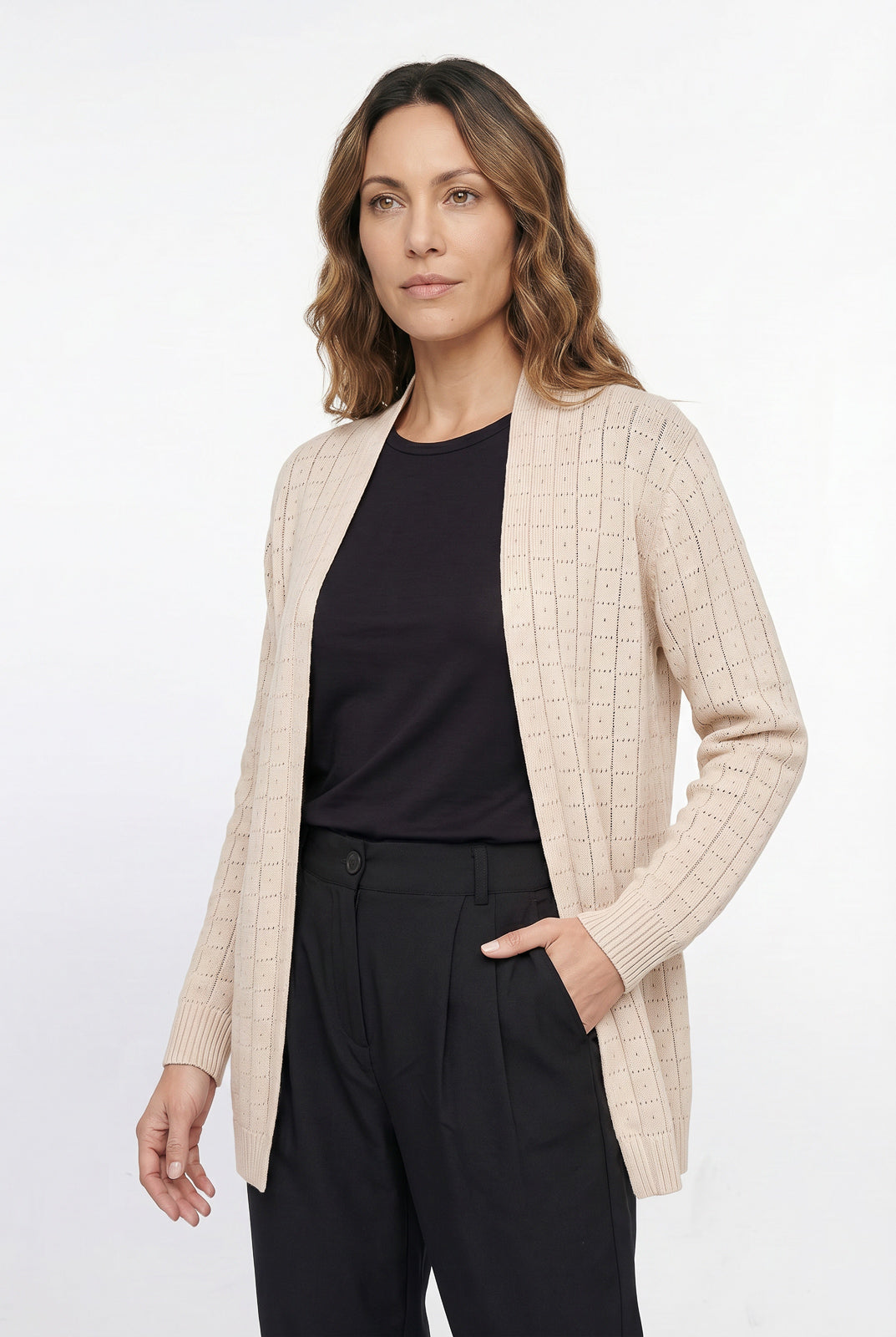 Cardigan alongado de tricô vazado 60011