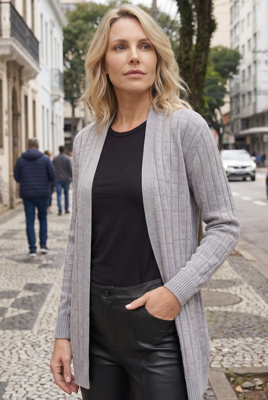 Cardigan alongado de tricô vazado 60011