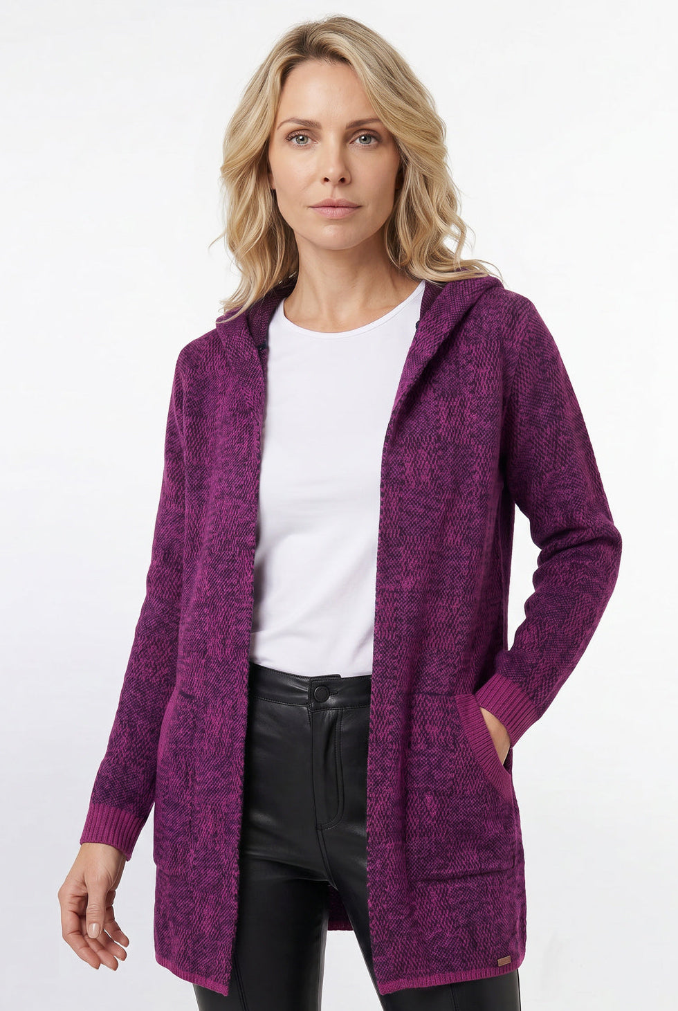 Cardigan de tricô alongado com bolsos e capuz 60015