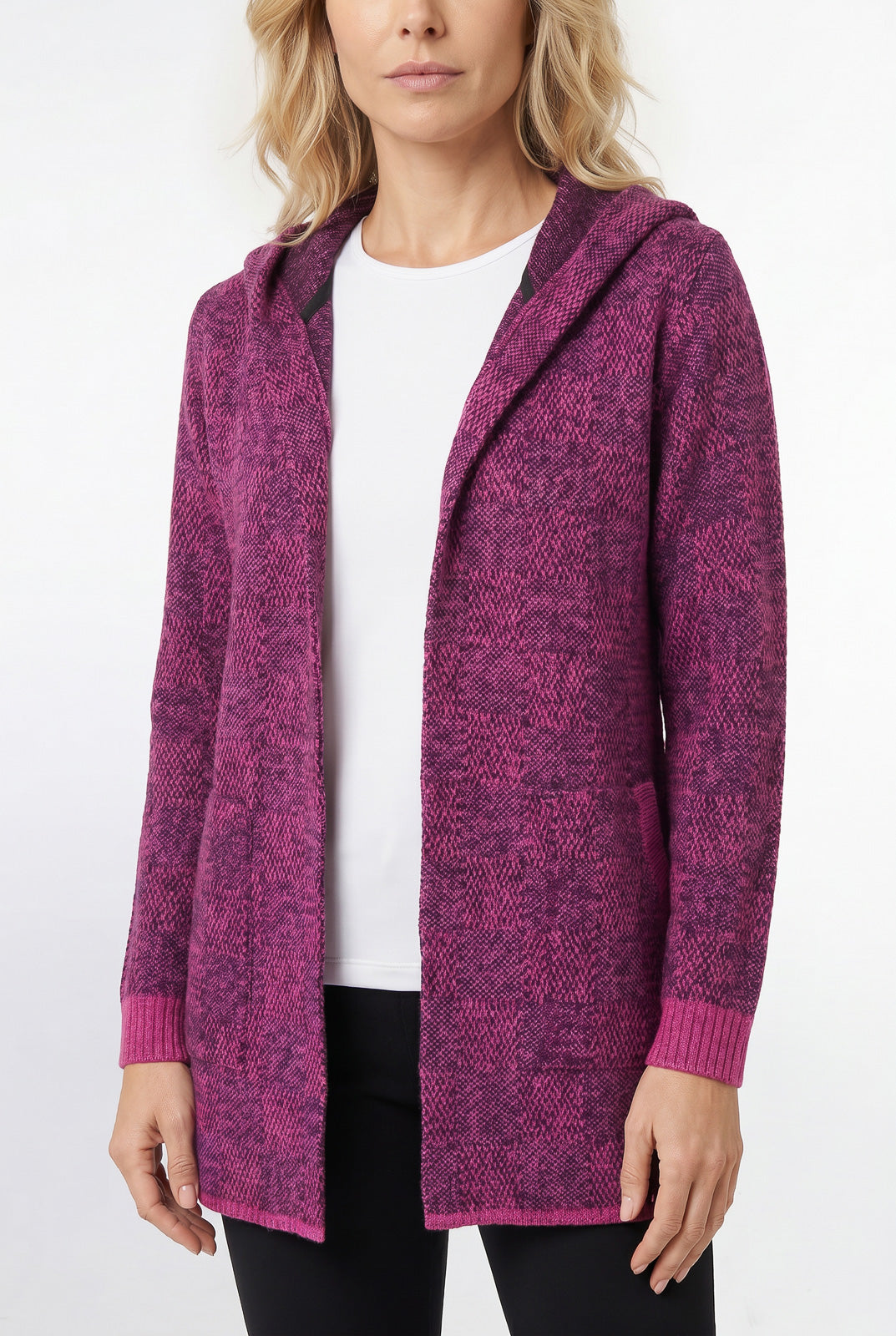 Cardigan de tricô alongado com bolsos e capuz 60015