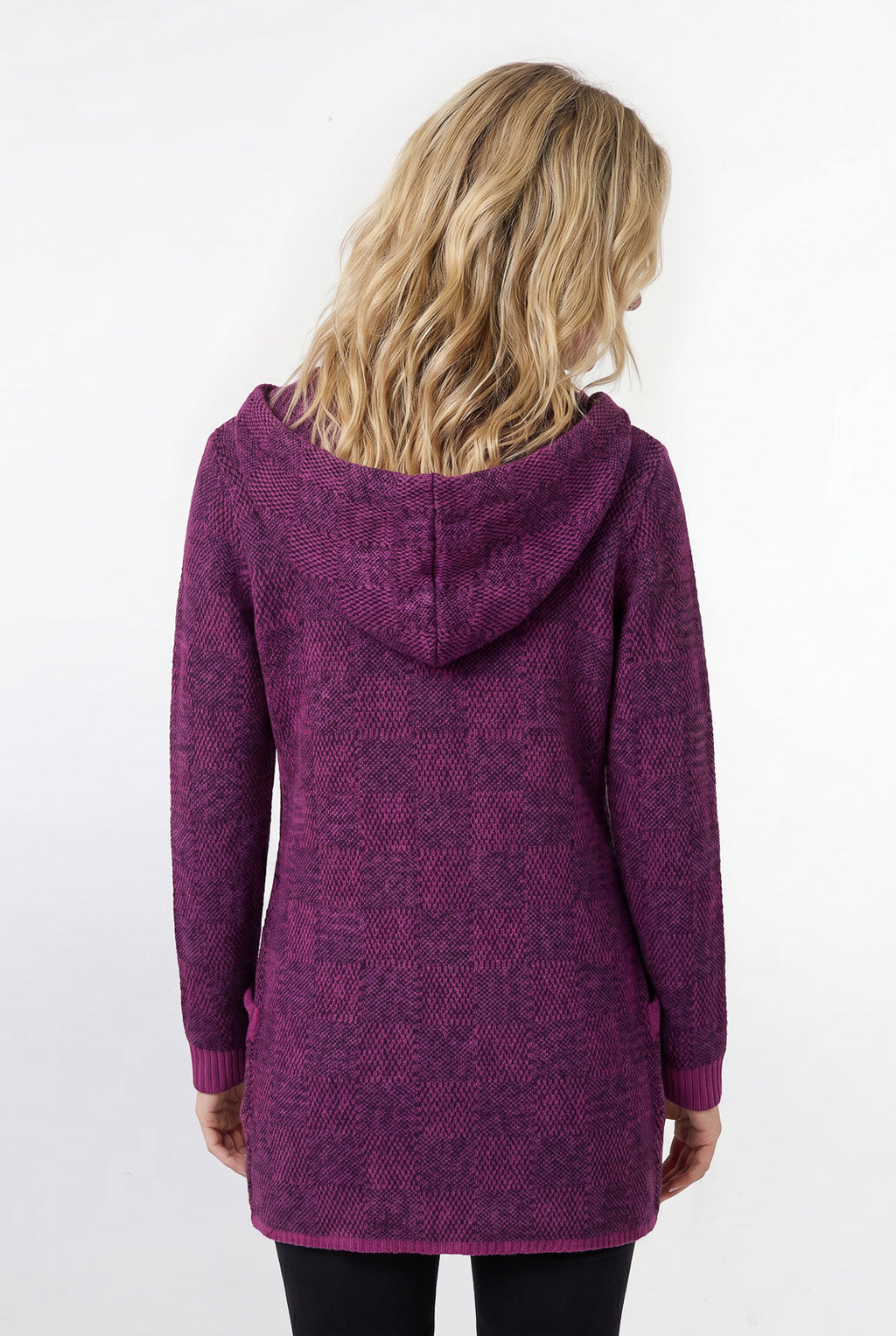Cardigan de tricô alongado com bolsos e capuz 60015