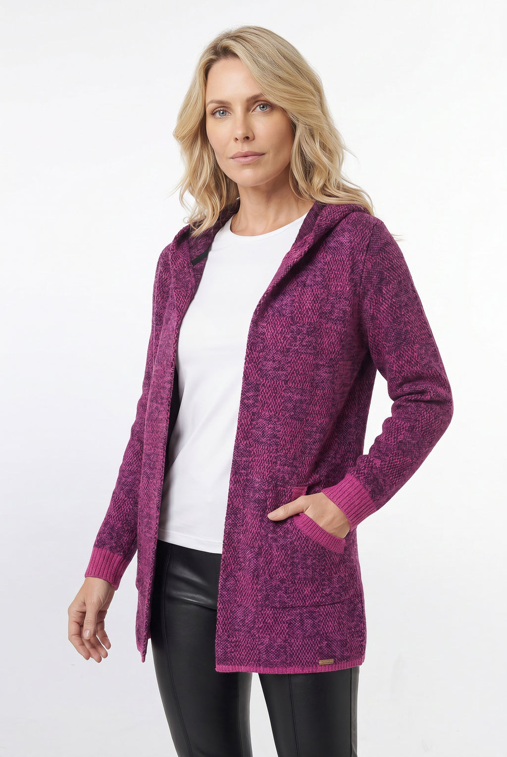 Cardigan de tricô alongado com bolsos e capuz 60015