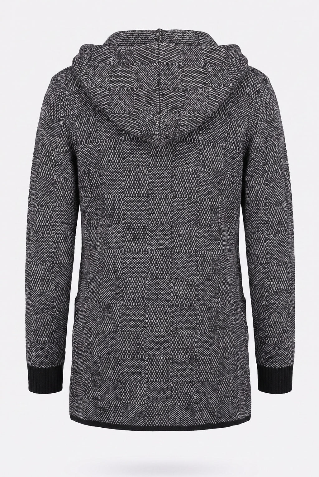 Cardigan de tricô alongado com bolsos e capuz 60015