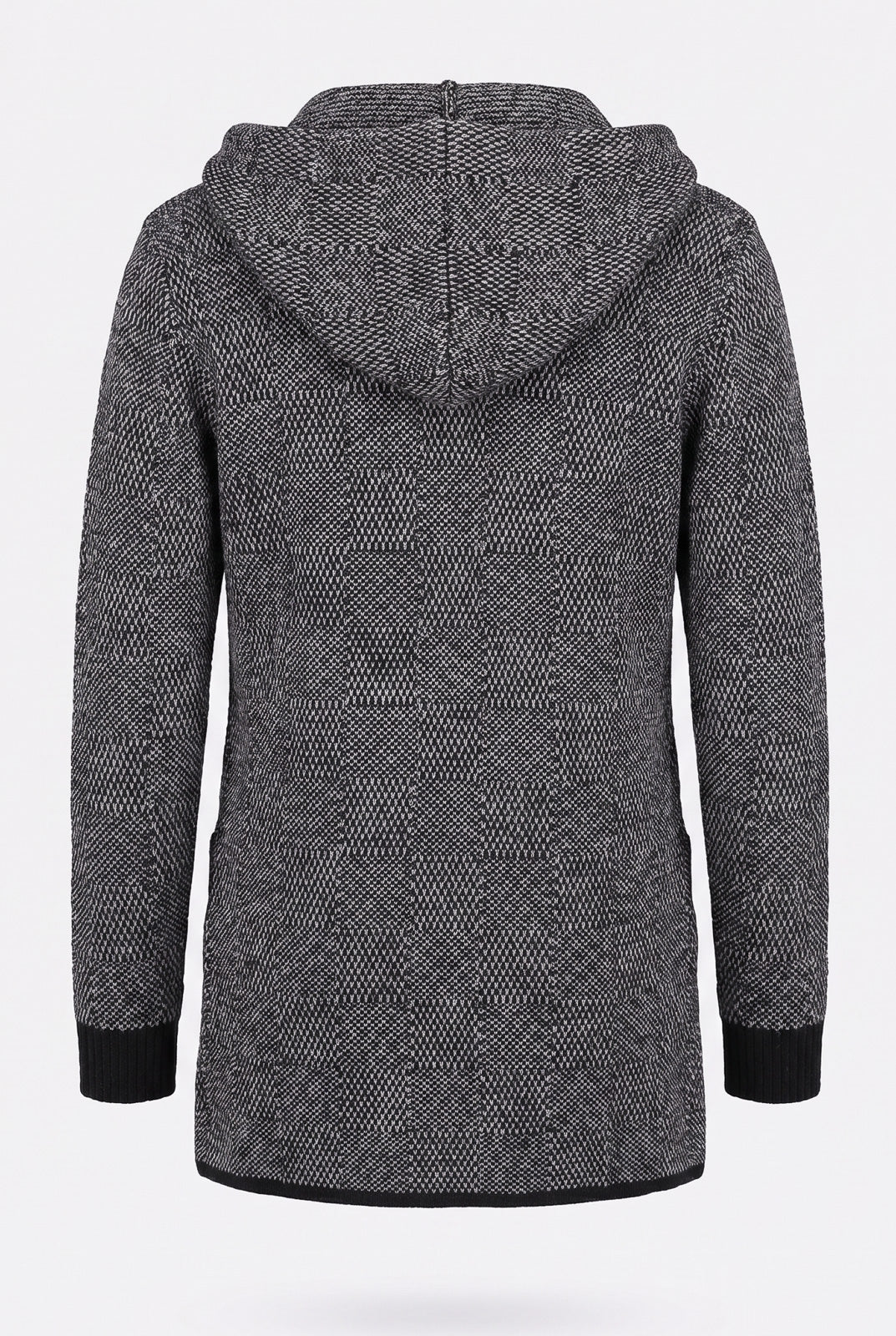 Cardigan de tricô alongado com bolsos e capuz 60015