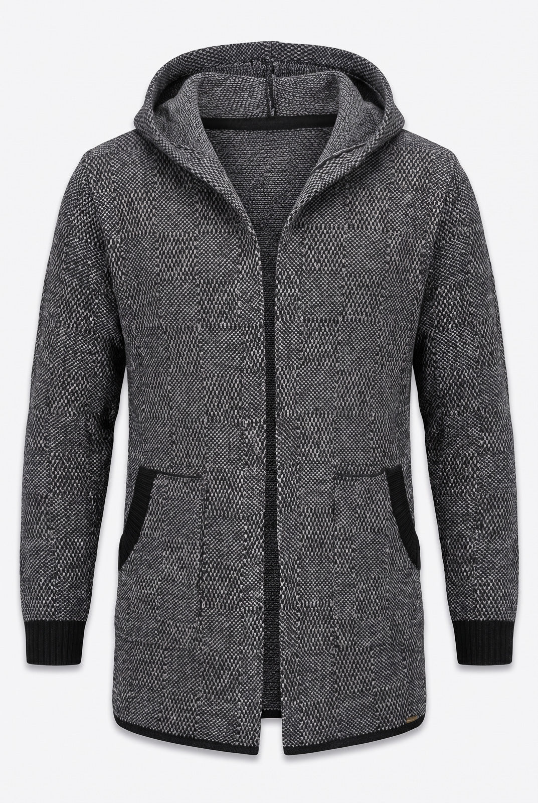 Cardigan de tricô alongado com bolsos e capuz 60015