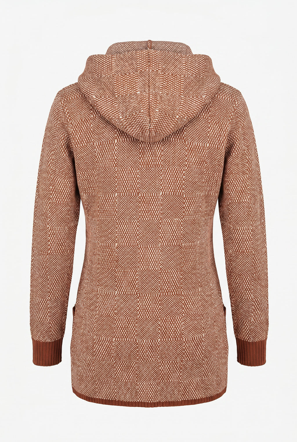 Cardigan de tricô alongado com bolsos e capuz 60015