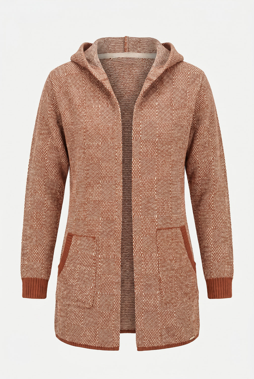 Cardigan de tricô alongado com bolsos e capuz 60015