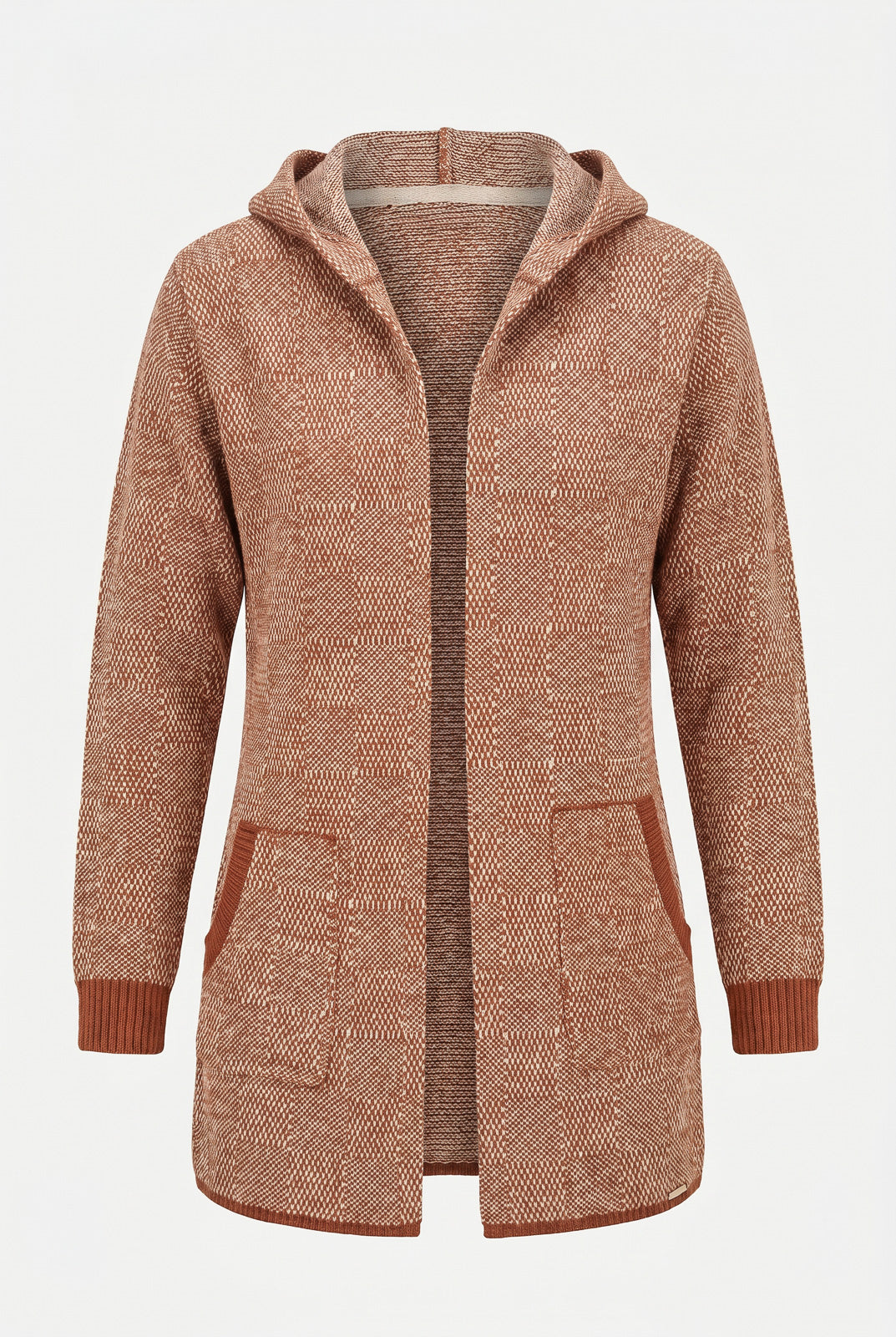 Cardigan de tricô alongado com bolsos e capuz 60015