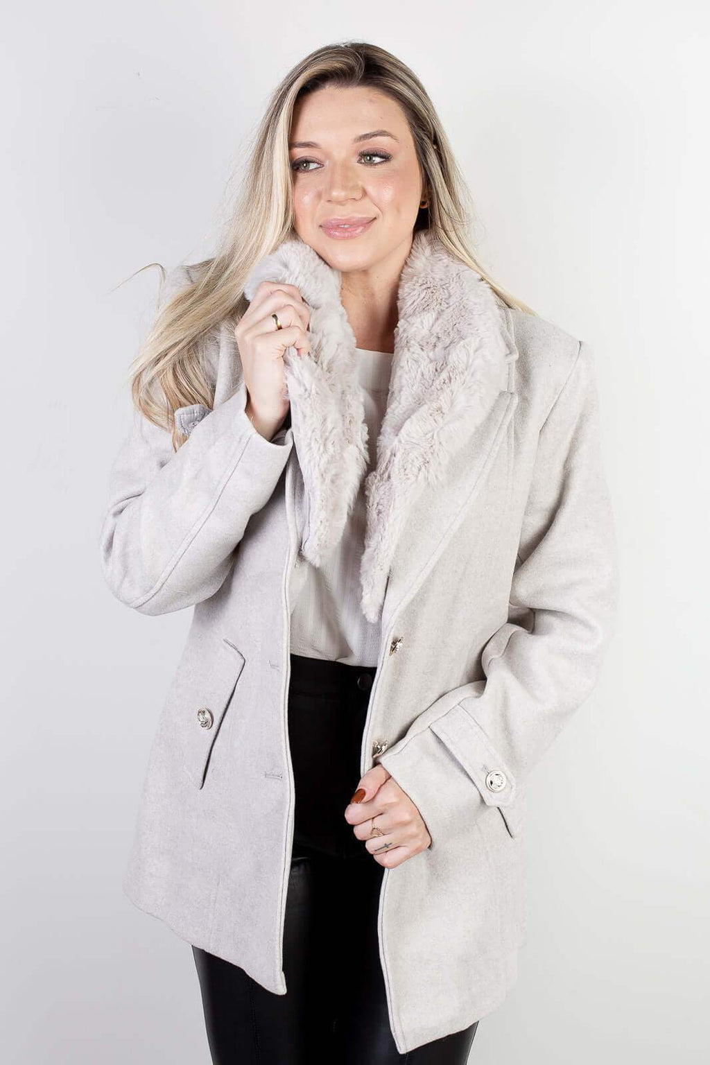Casaco feminino lã batida sintética com gola de pelo removível 84209 - Enluaze
