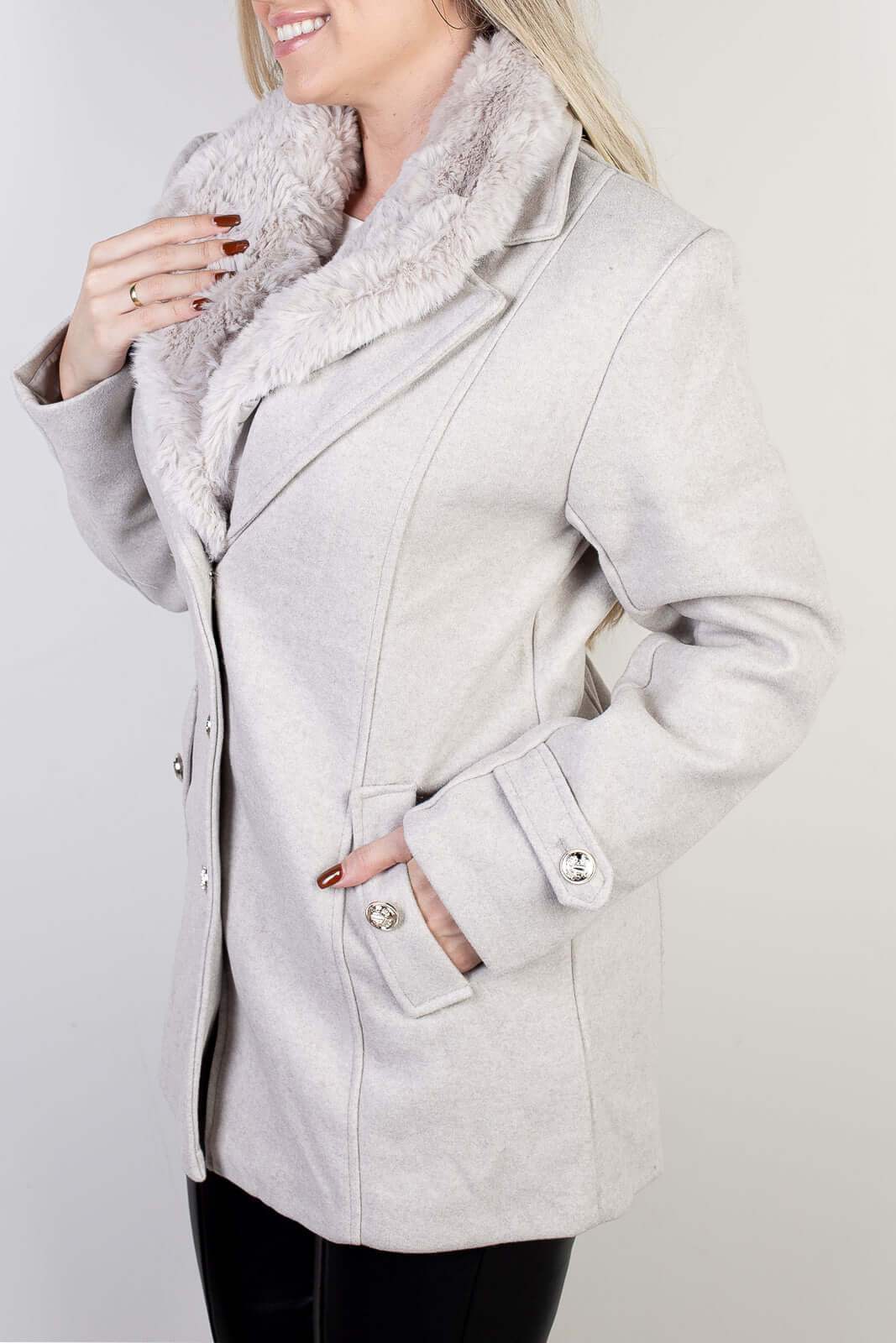 Casaco feminino lã batida sintética com gola de pelo removível 84209 - Enluaze