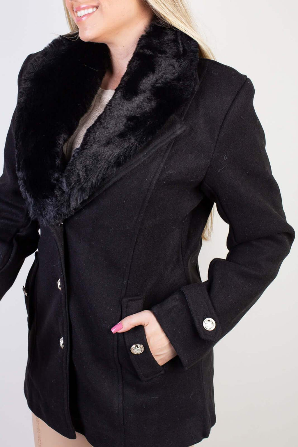 Casaco feminino lã batida sintética com gola de pelo removível 84209 - Enluaze