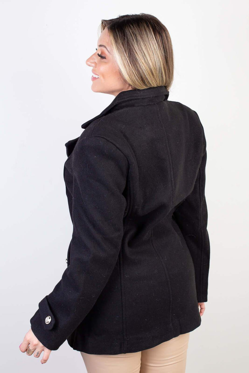 Casaco feminino lã batida sintética com gola de pelo removível 84209 - Enluaze