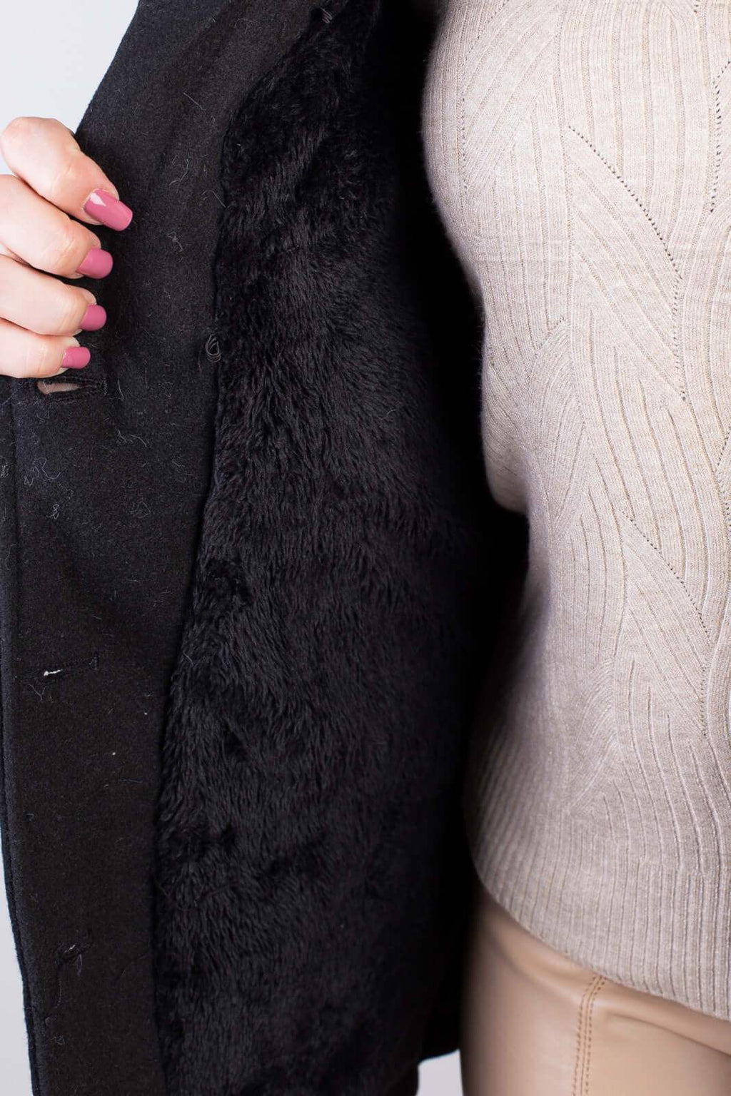 Casaco feminino lã batida sintética com gola de pelo removível 84209 - Enluaze