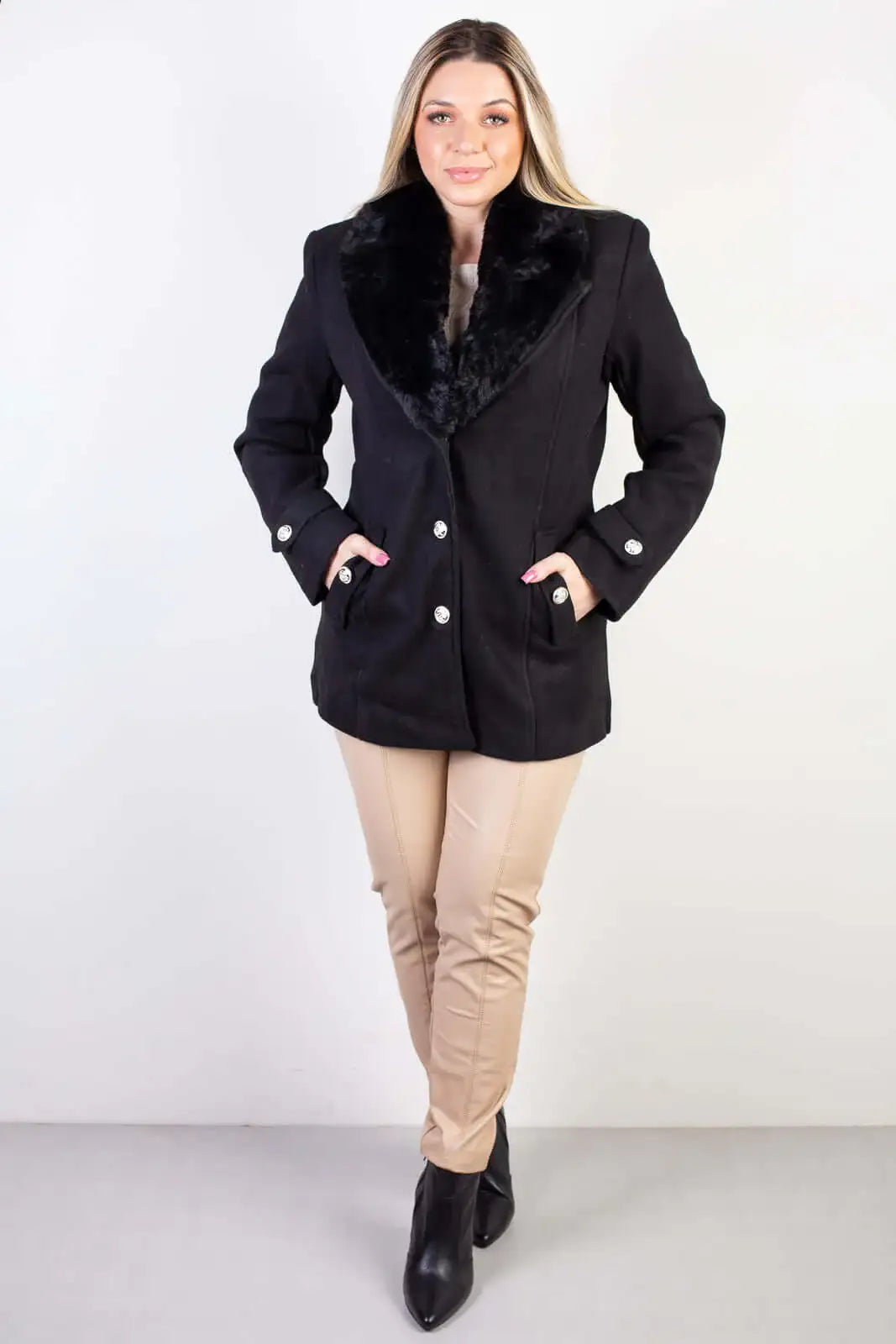 Casaco feminino lã batida sintética com gola de pelo removível 84209 - Enluaze
