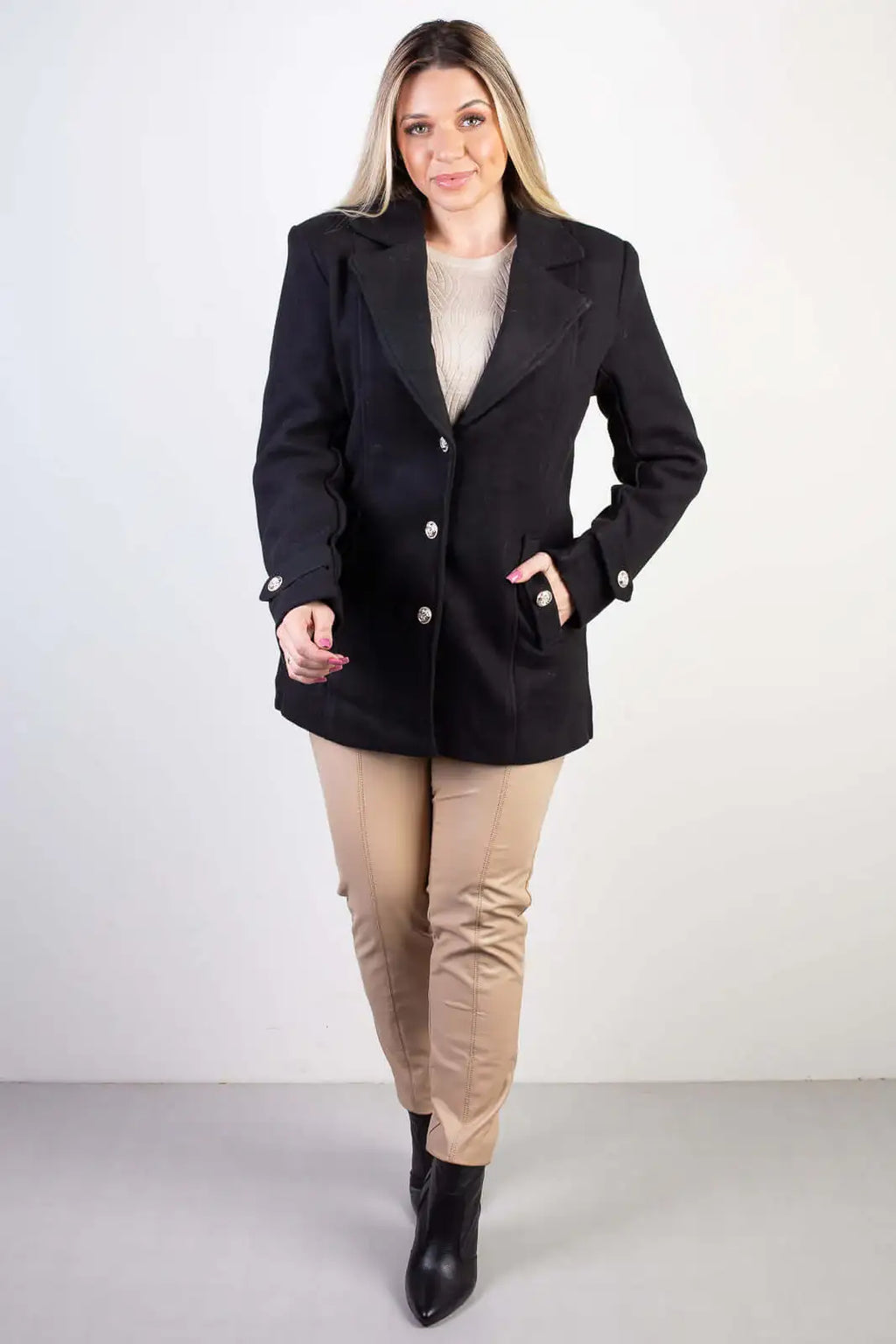 Casaco feminino lã batida sintética com gola de pelo removível 84209 - Enluaze