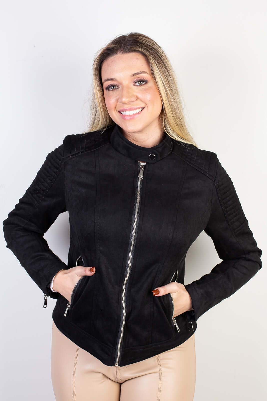 Jaqueta feminina suede gola com botão 84252 - Enluaze