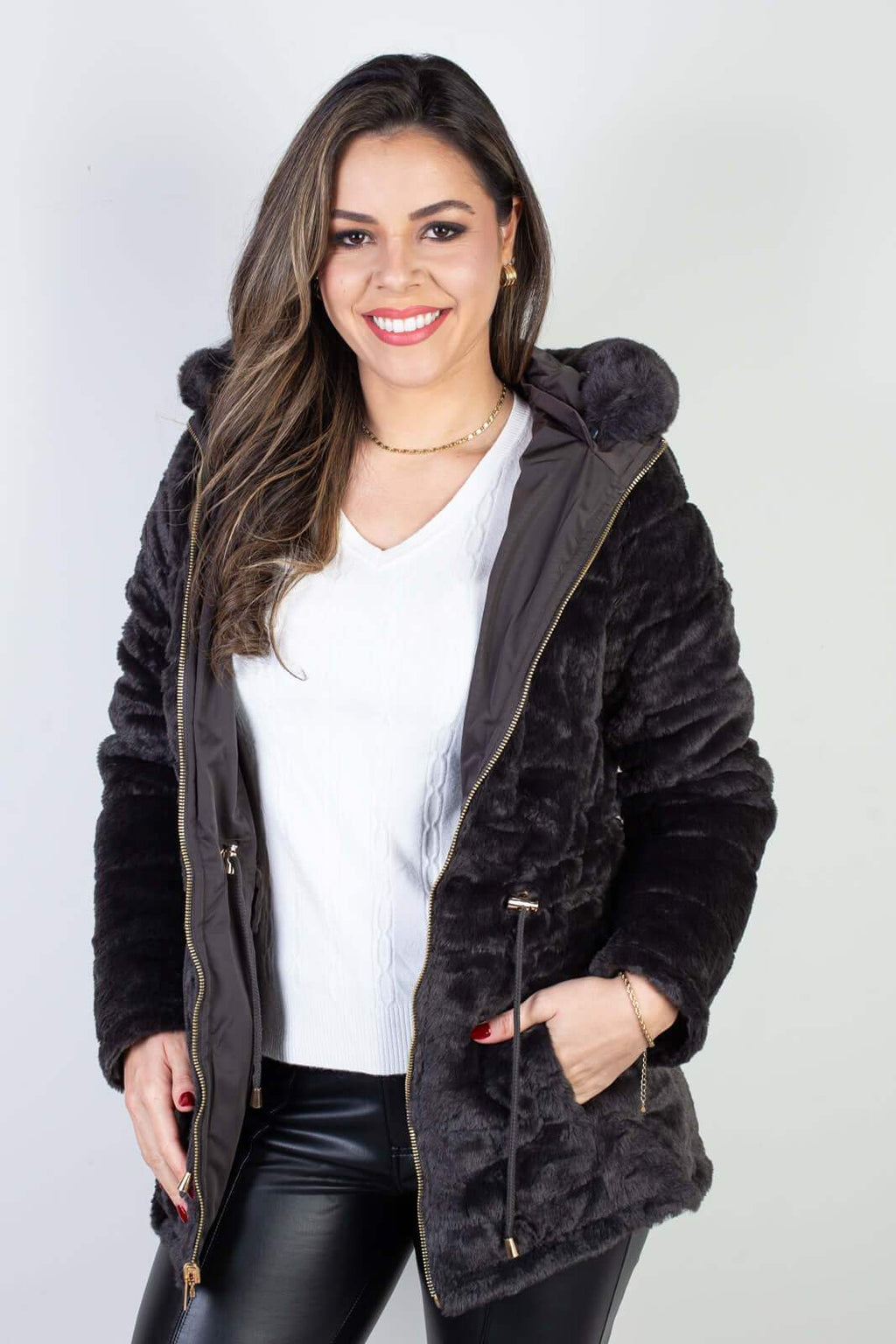 Jaqueta feminina nylon reversível com pelo 84293 - Enluaze