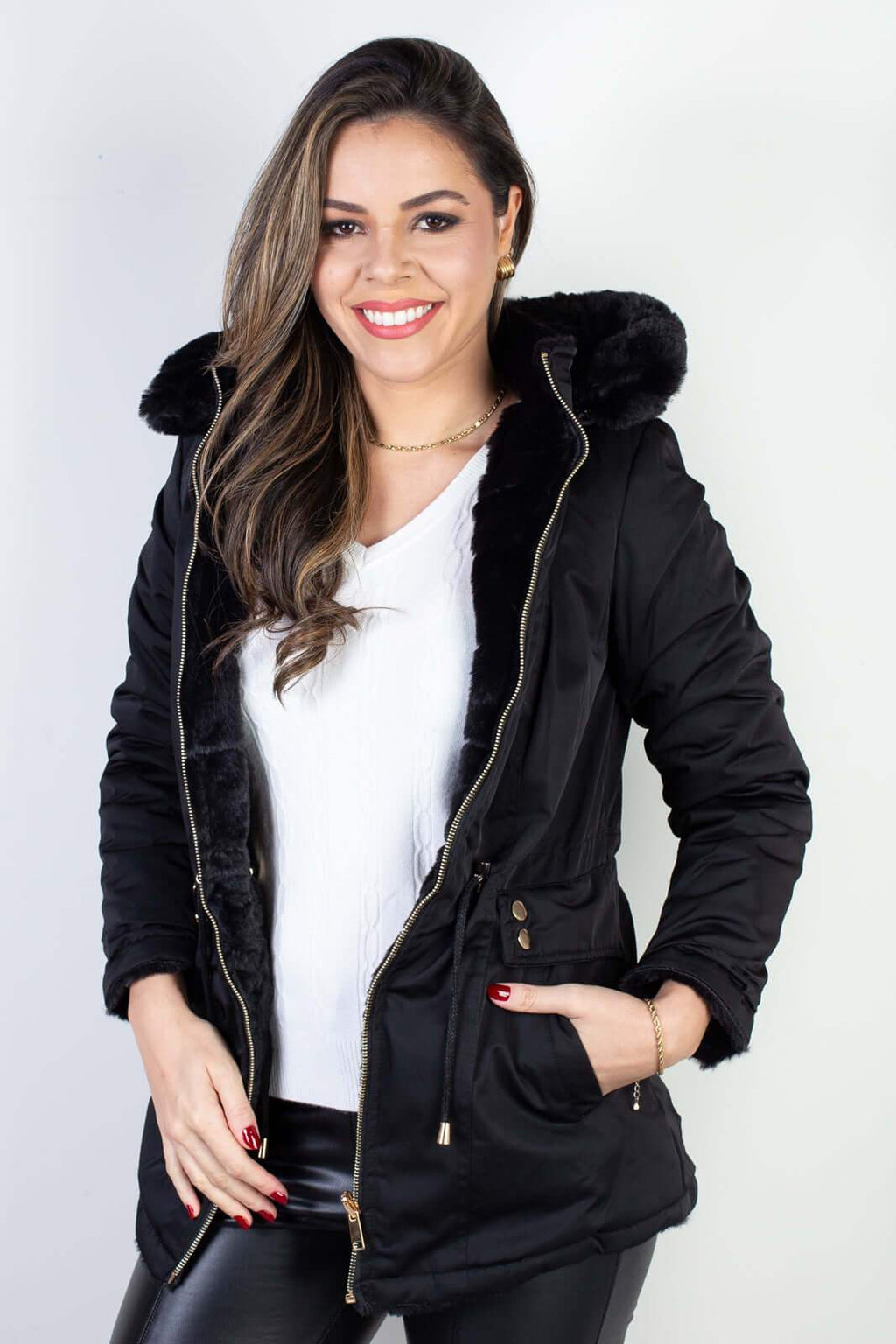 Jaqueta feminina nylon reversível com pelo 84293 - Enluaze