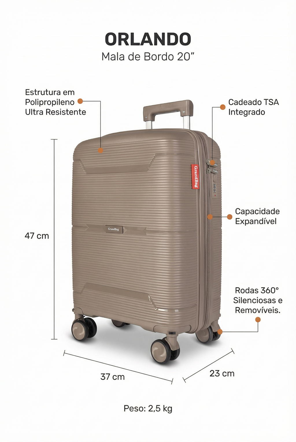 Mala de bordo viagem polipropileno 20" Orlando