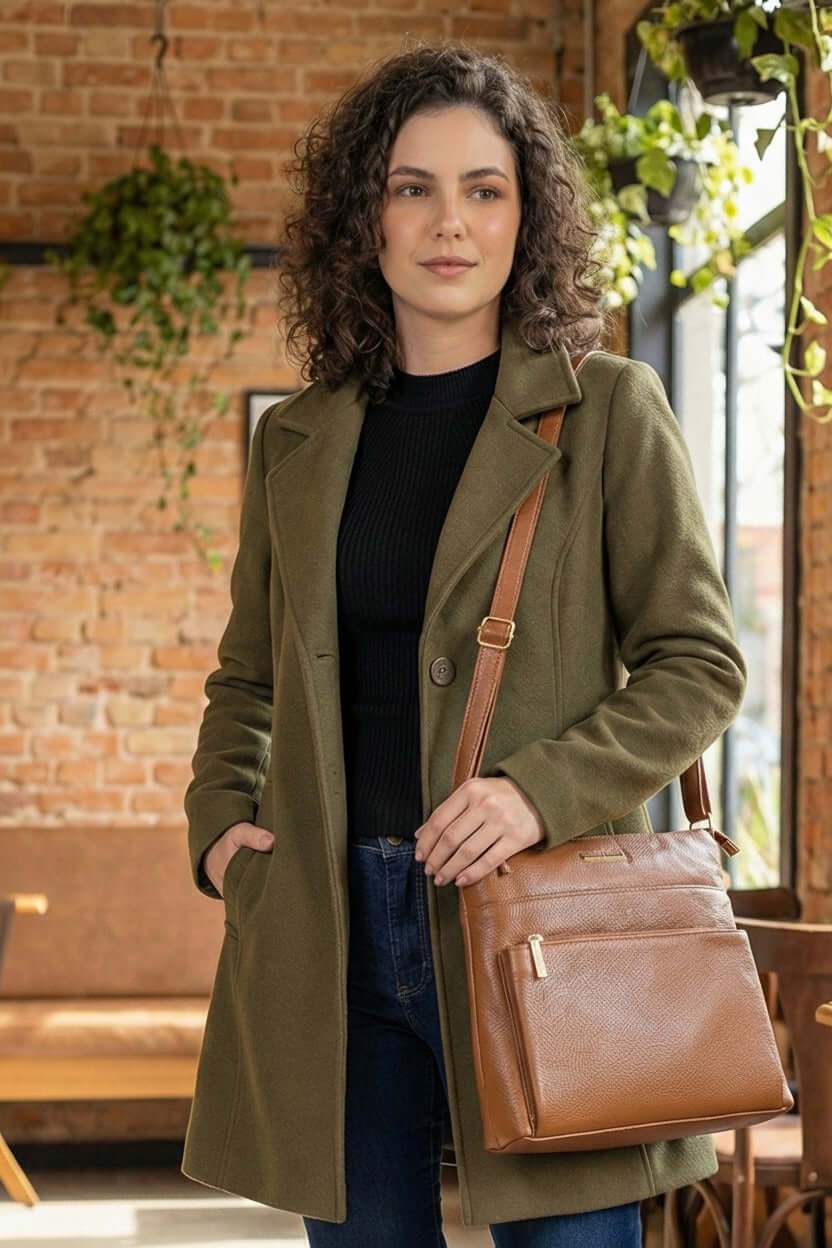 Bolsa transversal de couro liso Giselle - Enluaze