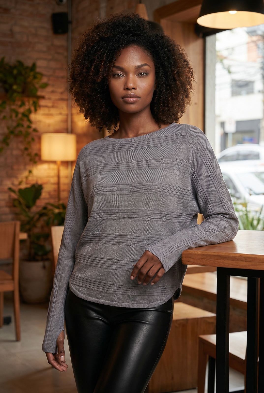 Blusa de malha feminina manga morcego com dedinho 61195