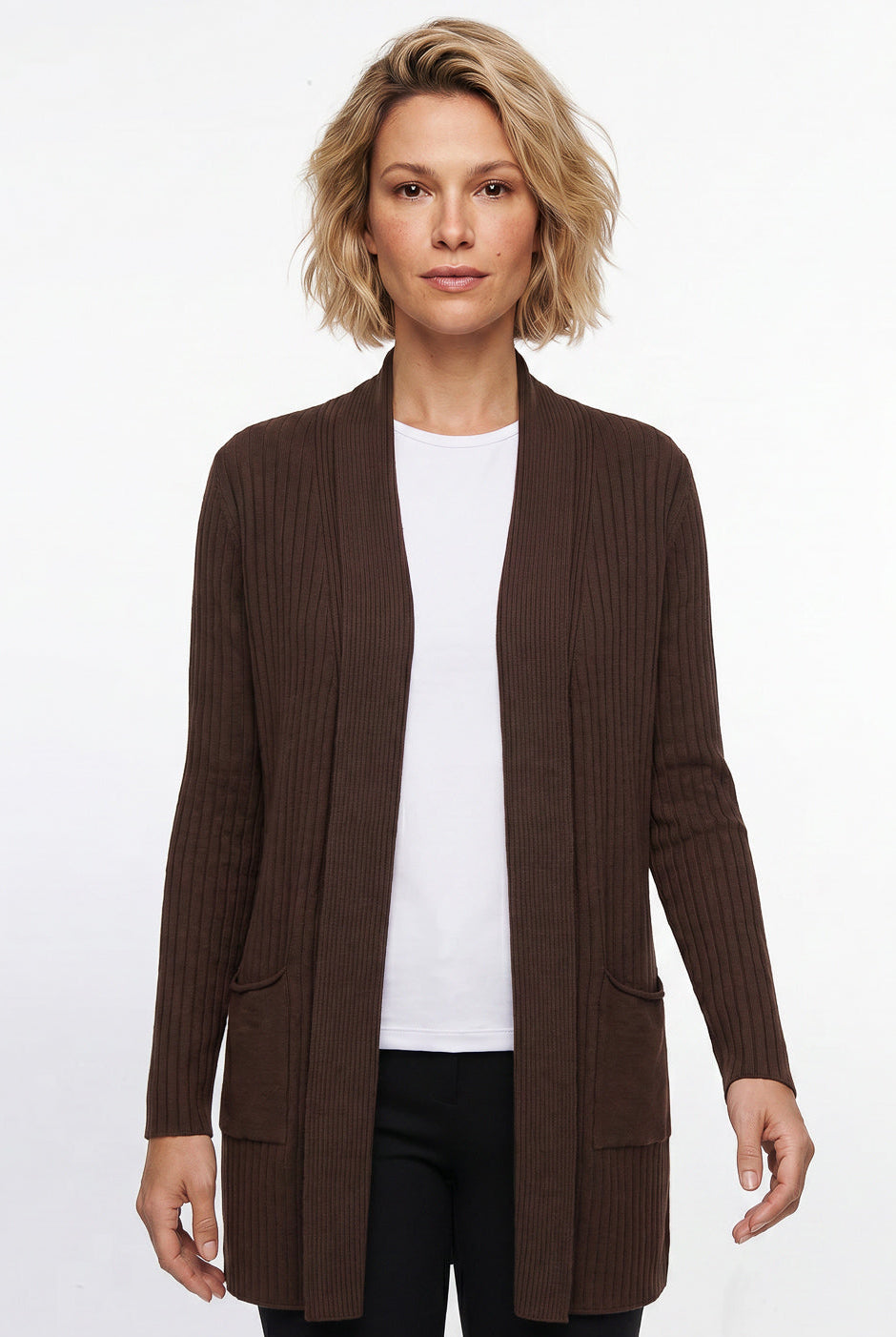 Cardigan  feminino longo de malha com bolsos 61283