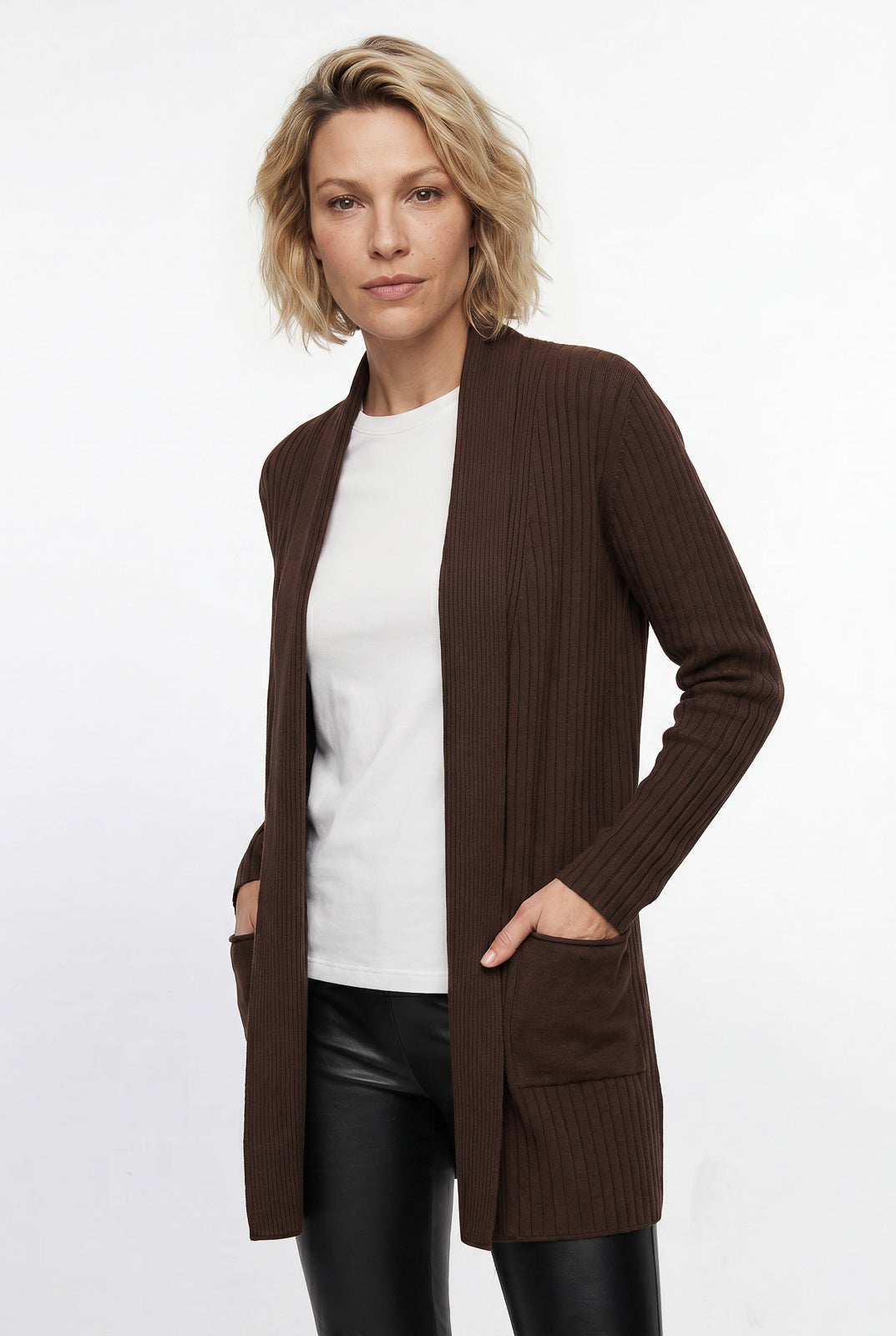 Cardigan  feminino longo de malha com bolsos 61283