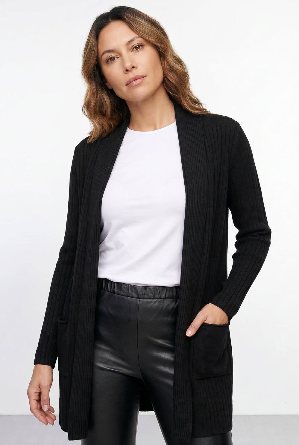 Cardigan  feminino longo de malha com bolsos 61283