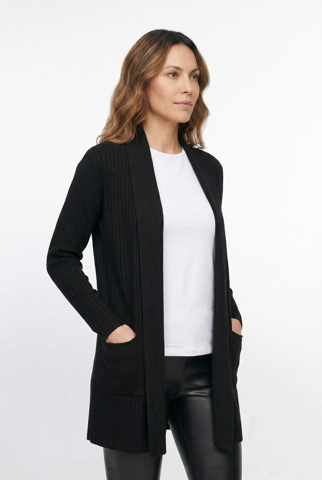 Cardigan  feminino longo de malha com bolsos 61283