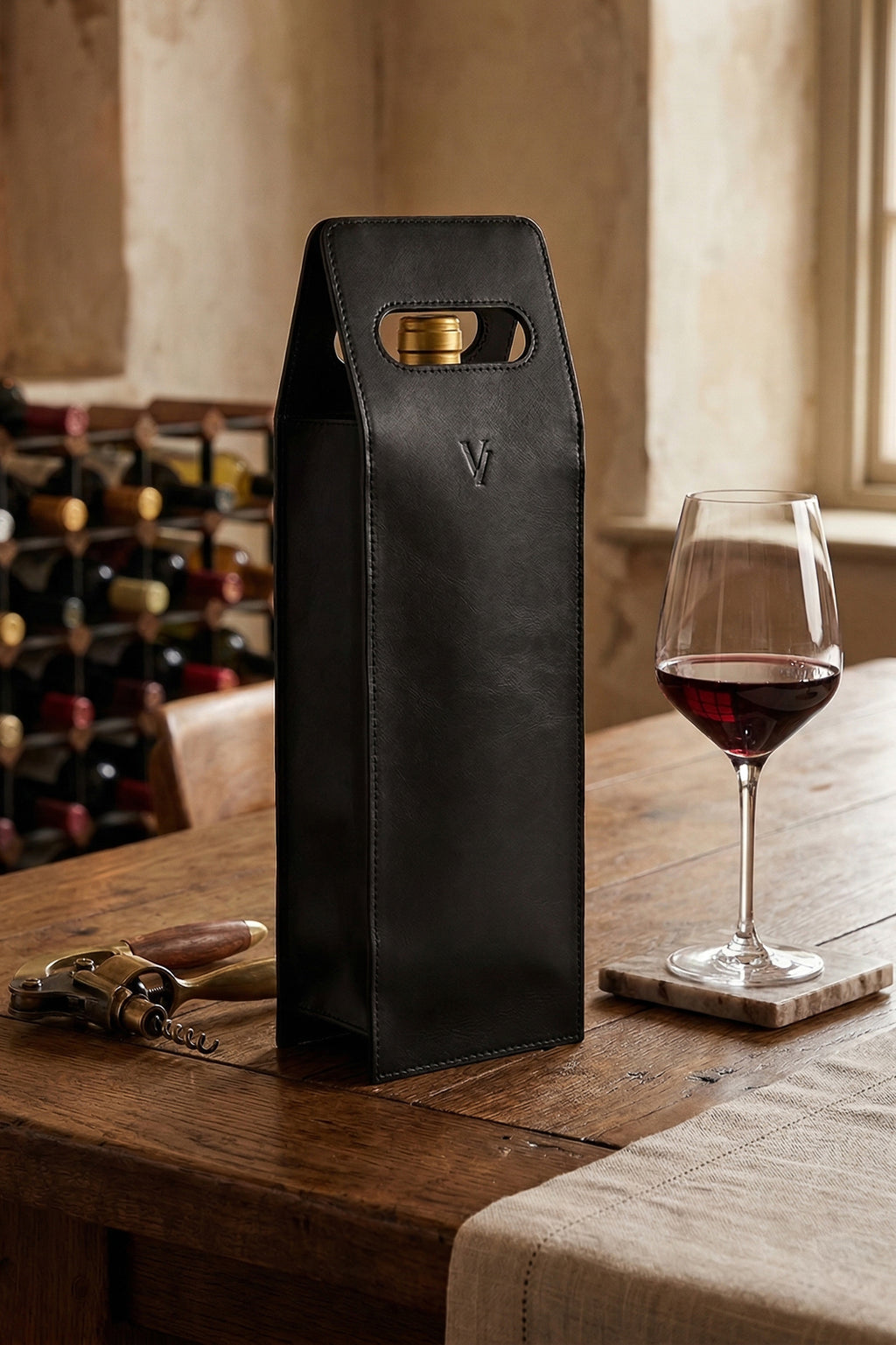 Porta-vinho individual em couro italiano
