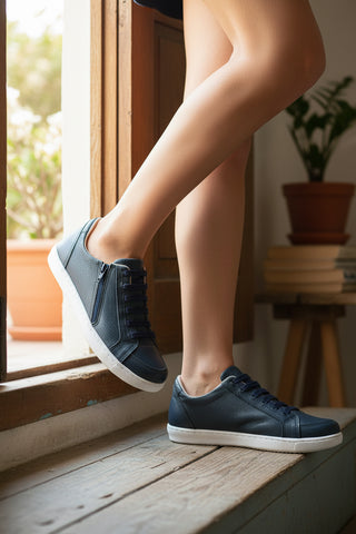 Tênis feminino em couro com elástico e zíper 0203