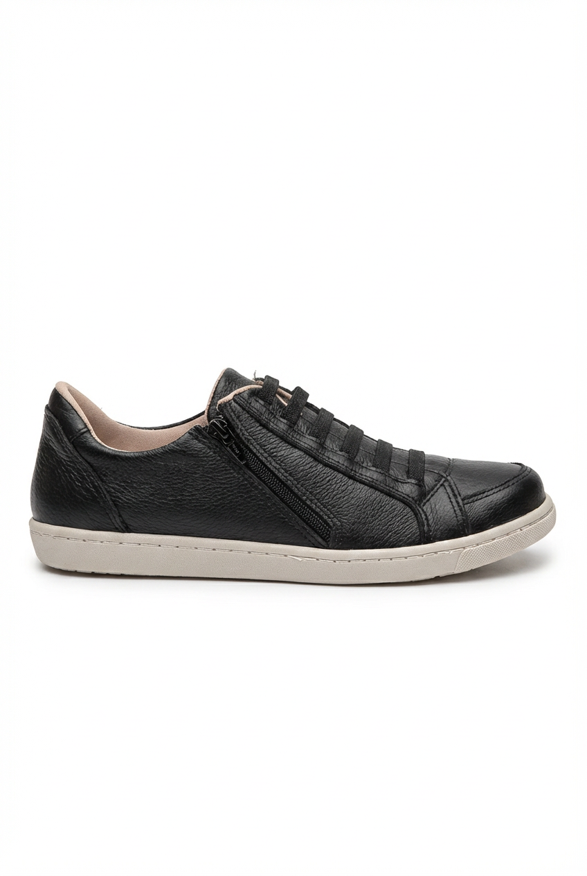 Tênis feminino em couro com elástico e zíper 0203