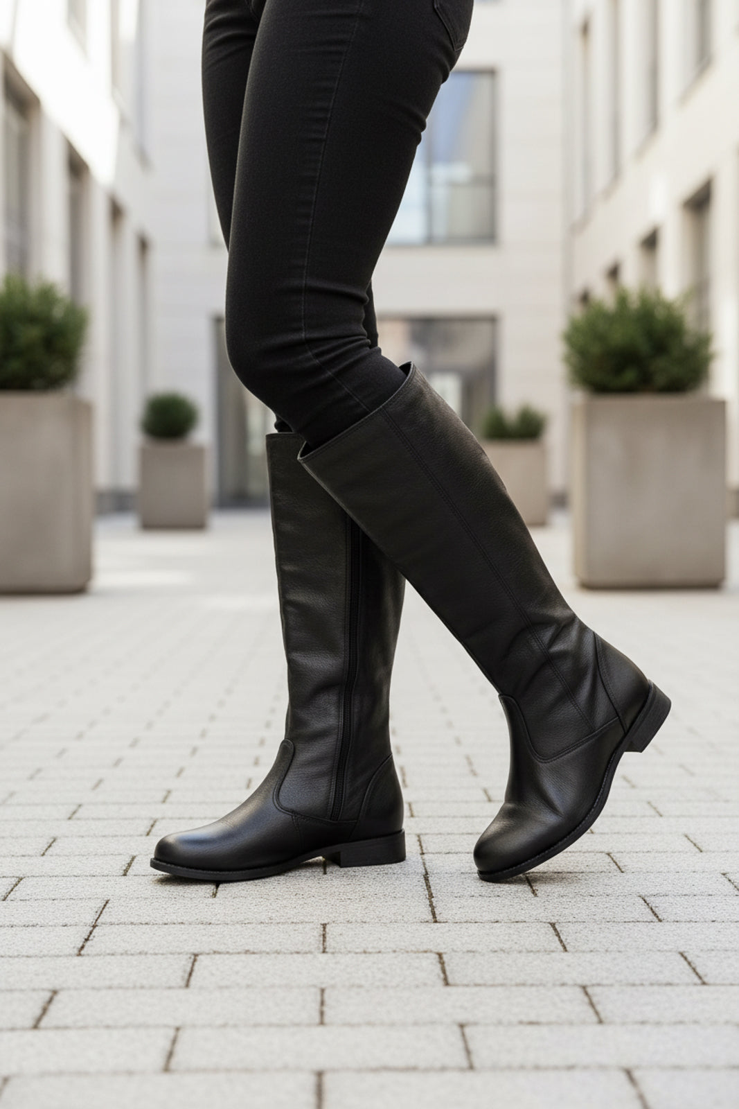 Bota feminina cano longo em couro salto baixo 0291