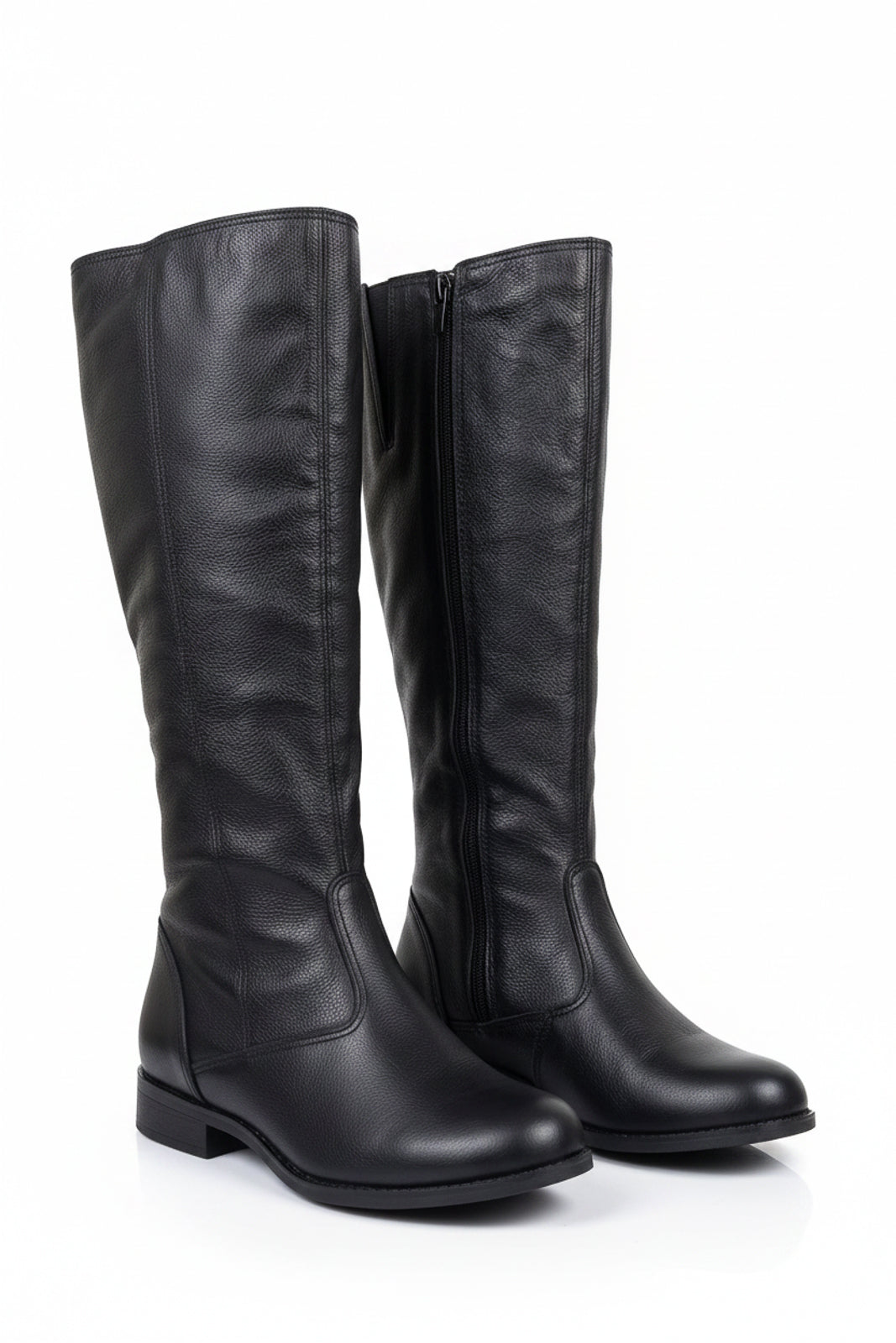 Bota feminina cano longo em couro salto baixo 0291